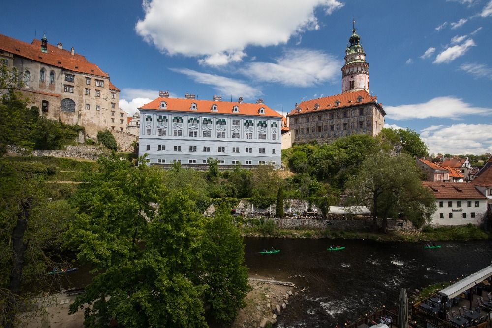 View of Hotel Edward Kelly and the Vltava river in Český Krumlov